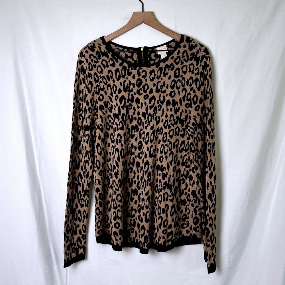 Chico's Womens Leopard Animal Print Zip Back Knit Sweater Size 3/XL Tan Black